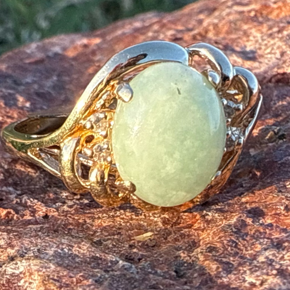 Luxurious Gold Ring with Green Jade and Diamonds Set In 14 Karat Gold